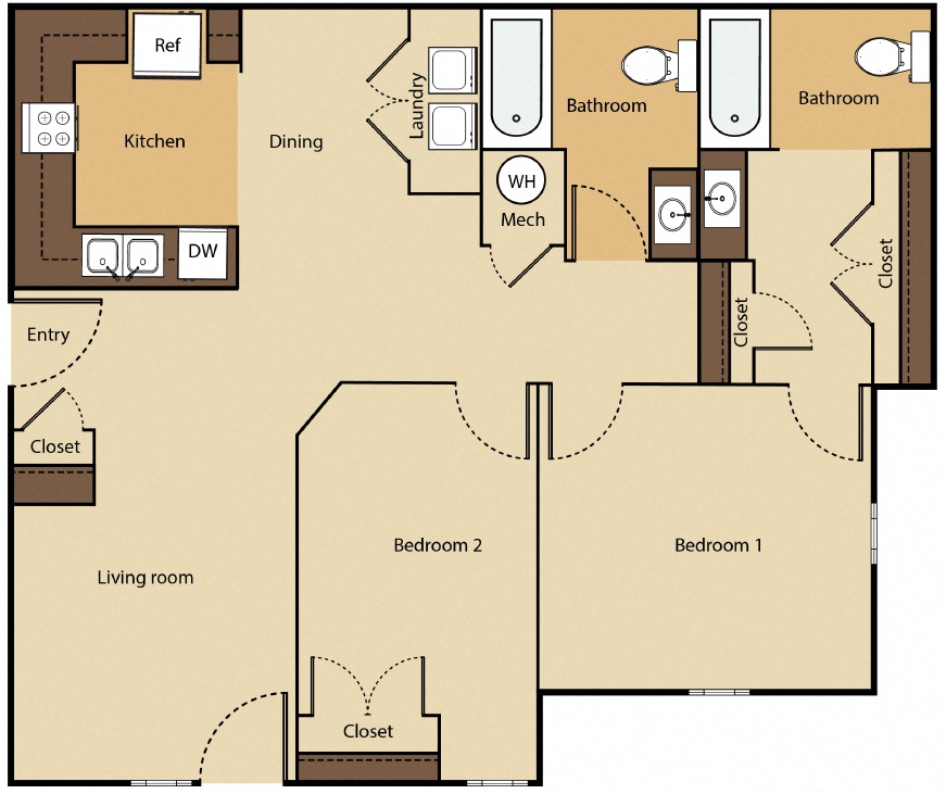 Floor plan for 2 beds, 2 baths, 1052 sqft